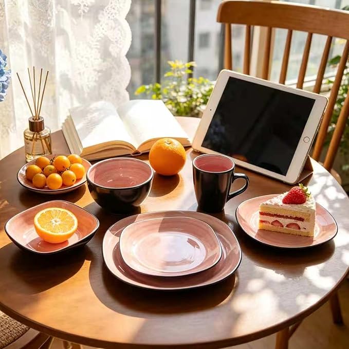 HomeVss, Stoneware Square 16pc Dinnerware Set, Inside Spinwaseh Swirl Rose + Outside Black