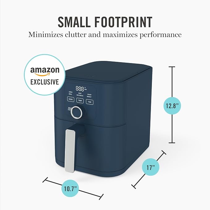 Martha Stewart 6-Quart Air Fryer, 6 Presets, Space Saving, Indigo Blue | 3lb Capacity, PFAS-Free Ceramic Nonstick Basket & Tray, Bake, Roast, Broil, Dehydrate, Reheat, Shake Reminder, Heat up to 400