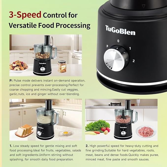 10 Cup Food Processor, Glass Blender and Grinder,5 Food Blades | Kneading/Chopping/Shredding/Slicing/French Fry Blades for Vege,Fruits,Meats,Beans