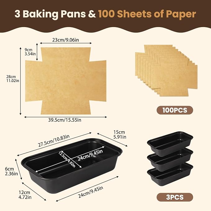 HUAKENER Loaf Pan with Liners Set, 3 Pack Loaf Pan with100 PCS Loaf Liners | Nonstick 9 x 5 Inch Bread Loaf Pan with Loaf Liners for Homemade Bread Cake Sourdough Banana Sandwich Bread