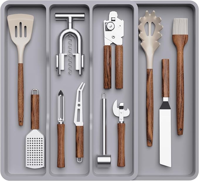 Lifewit Utensil Organizer for Kitchen Drawer, Expandable Cooking Tray | Adjustable Cutlery Flatware Holder, Plastic Silverware Spatula Tools Storage Divider, 11.9-17.3 x 15.8", Gray