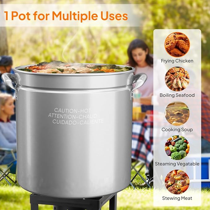 Bonnlo 102QT Stainless Steel Stock Pot for Boiling Seafood, Crawfish lobster & Crab, Frying Turkey & Steaming Tamales, Large Boil Pot with Steamer Basket, Lid, Lifting Hook for Outdoor Cooking Patio
