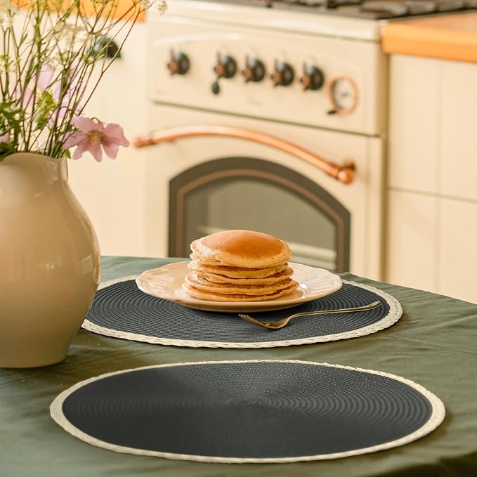 Round Placemats Set of 6, Woven Table Mats, Thin Edge, Charcoal Grey | Braided Paper Edge, 15 Inch Diameter, Fits Dinner Plate and Flatware, Wipeable, Heat Resistant, Indoor Dining, Outdoor Patio