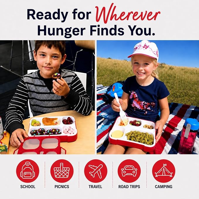 kinsho Bento Box Kids Lunch-Box, Snack Containers for Toddler Daycare, Leakproof School Bentobox 6 Compartment Container for Boys Girls Adults Lunches, Utensils, Red