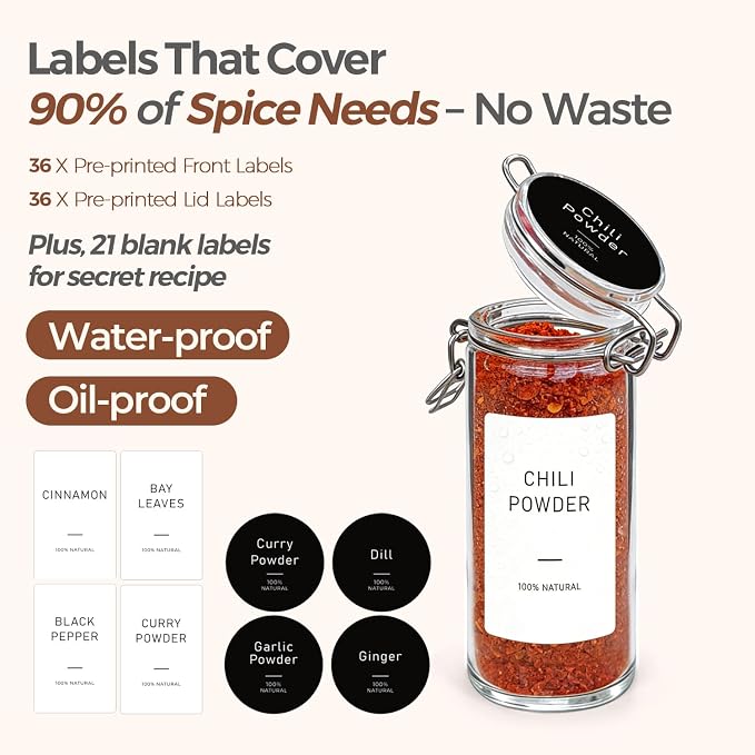 ComSaf Small Glass Spice Jars with Airtight Lids 4 oz 12 Pack with Labels | Seasoning herbs powders, Salt pepper chili, Spice rack cabinet organization, Small size, Funnel included, DIY crafts gifts