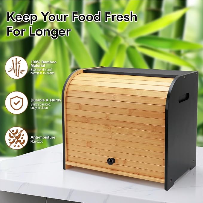 Bread Box for Kitchen Countertop, Two Layer Roll Top Bread Holder | 3 Adjustable Height, Large Capacity, Bamboo Bread Storage Container for Homemade Bread,Breadbox Organizer for Kitchen Counter
