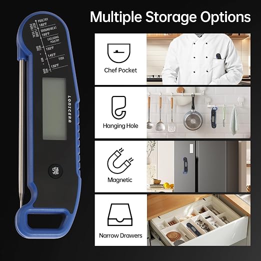 Lonicera Instant-Read Meat Thermometer, 1-Second, IP67 Waterproof, Blue | Thermocouple sensor delivers readings in 1 second with ±0.9°F accuracy, plus IP67 waterproofing, auto-rotate and wake