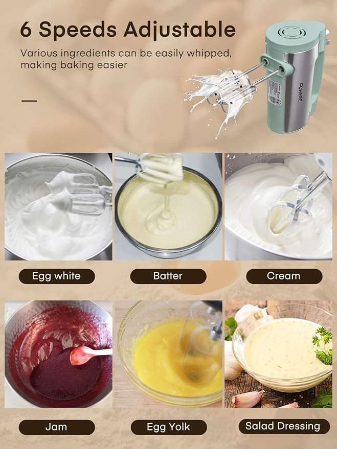 Hand Mixer Electric Handheld, 6 Speed & Turbo Electric Mixer, 300W Handheld Mixer with 2 Stainless Steel Whisk and 2 Dough Hook for Whipping, Mixing Cookies, Brownie, Cakes, Dough Batters, Green