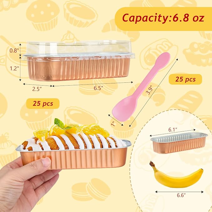 LNYZQUS Mini Loaf Pans with Lids, 6.8oz Cake Tins for Small Bake | 25 Pack, Rectangle, Champagne, Disposable Aluminum Foil Baking Cups, Individual Dessert Containers for Party Treats