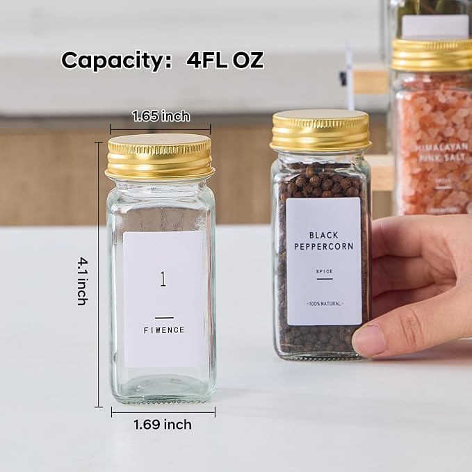 48 Pcs Glass Spice Jars with Labels, Seasoning Containers with Gold Lids | Airtight spice bottles Keep Fresh, 4oz Spice Containers with Shaker Lids,Funnel for Spice Rack,Kitchen Spice Drawer Organizer