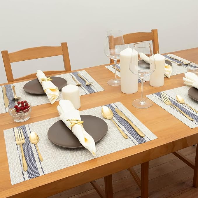 Khaki-Blue Placemats Set of 4, 12x18 Inch Heat Resistant Non-Slip Washable Durable Table Placemats for Holiday Party Kitchen Dining Room Decoration