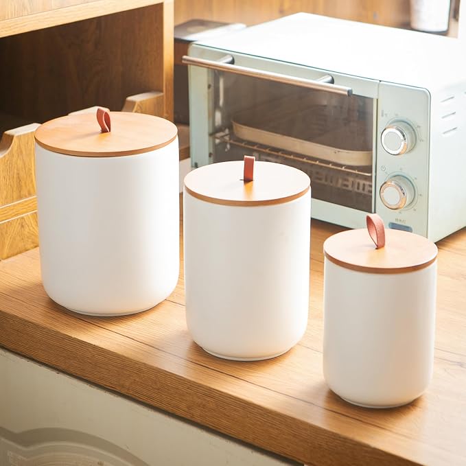 Mowtanco White Ceramic Canister & Jar Set, Airtight Bamboo Lids 3-Piece | 30/48/82 oz airtight storage containers jars for flour, sugar, tea, coffee, pasta, nuts, kitchen counter canister set