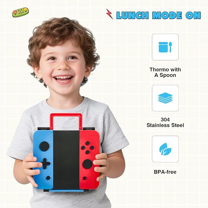 Game Bento Box for Kids, Lunch Box with Thermo(9oz Food Jar), Folding Spoon, Removable Divider & Sauce Cup, Lunch Box Kids for School,Travel, BPA-Free & Realistic Shape(Blue-Red)
