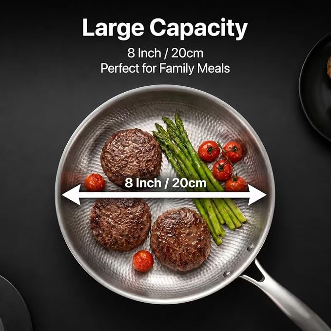 8" Titanium Frying Pan with Lid, Non-Stick Hammered Skillet | 3-Ply Heats Fast & Evenly, PFAS/PFOA/PTFE Free, Scratch-Resistant, for Induction & Gas, Oven-Safe to 500°F, Dishwasher Safe