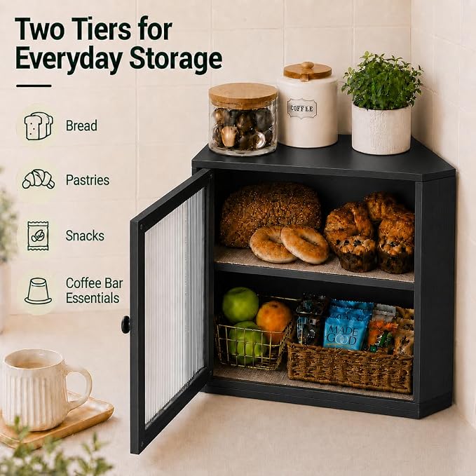 BAMBANG Corner Bread Box for Kitchen Countertop, Large Capacity Bamboo Wood Bread Storage Container, 2 Tier Farmhouse Breadbox with Fluted Acrylic Door for Bread, Homemade Bread and Snacks, Black