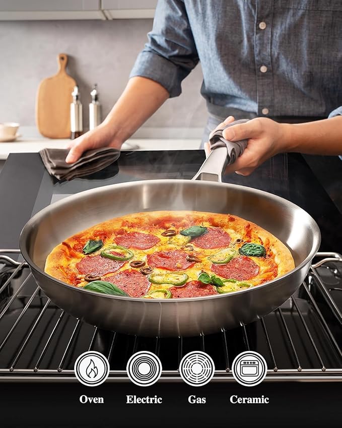 VocVoi Stainless Steel Pan, 12 Inch Frying Pan, PFOA & PTFE Free, Non Toxic Skillet, Dishwasher & Oven Safe, Induction Compatible, Ceramic & Gas Cooktops