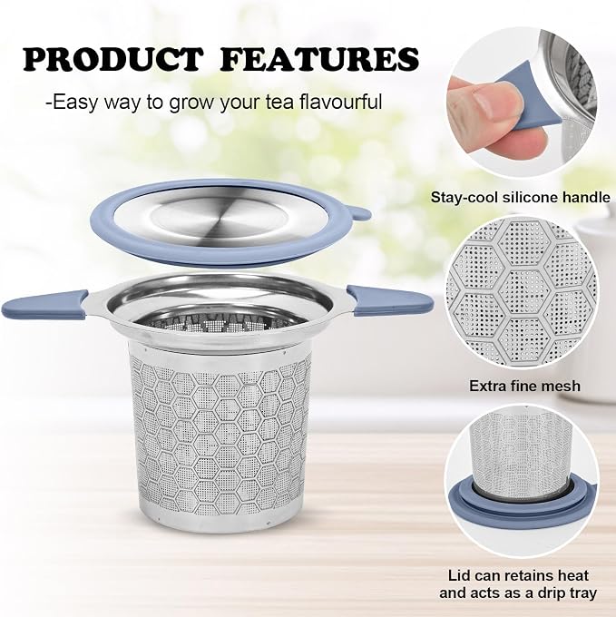 Tea Infuser for Loose Leaf Tea, 304 Stainless Steel Strainer Basket Silver | Fine Mesh Steeper, Heat Resistant, Silicone Handle, Lid Included, Large Capacity, Mug Filter, Fits Standard Cups