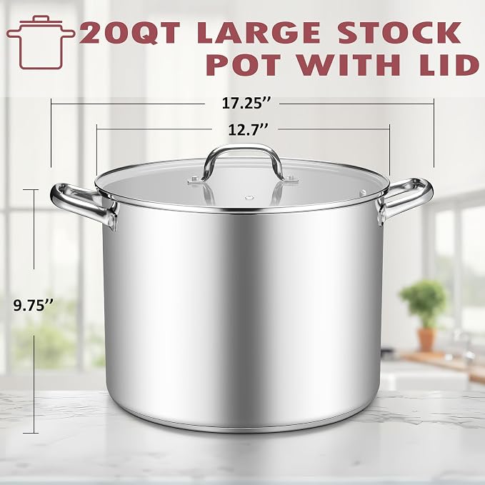 TeamFar Stainless Steel Stock Pot, 20QT Tri-ply Bottom Large Stockpot | Cooking Soup Pot with Lid, for Induction Gas Electric Glass Tops, Non Toxic & Sturdy, Straight Side & Various Stovetops Safe