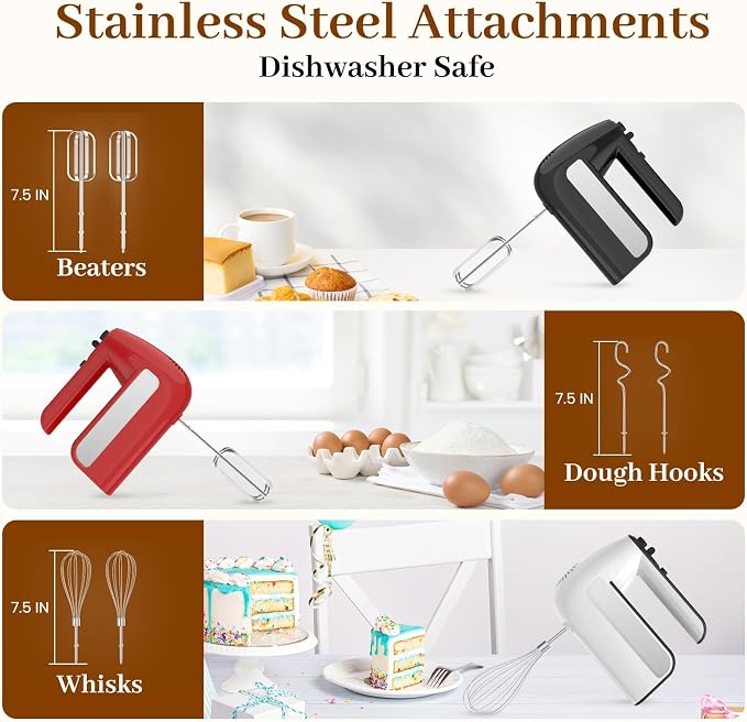 5-Speed Electric Hand Mixer, 800W Handheld Mixer with Turbo for Baking & Cooking, Kitchen Food Mixer with Storage Case & 6 Stainless Steel Attachments (2 Beaters, 2 Dough Hooks, 2 Whisks)-Red