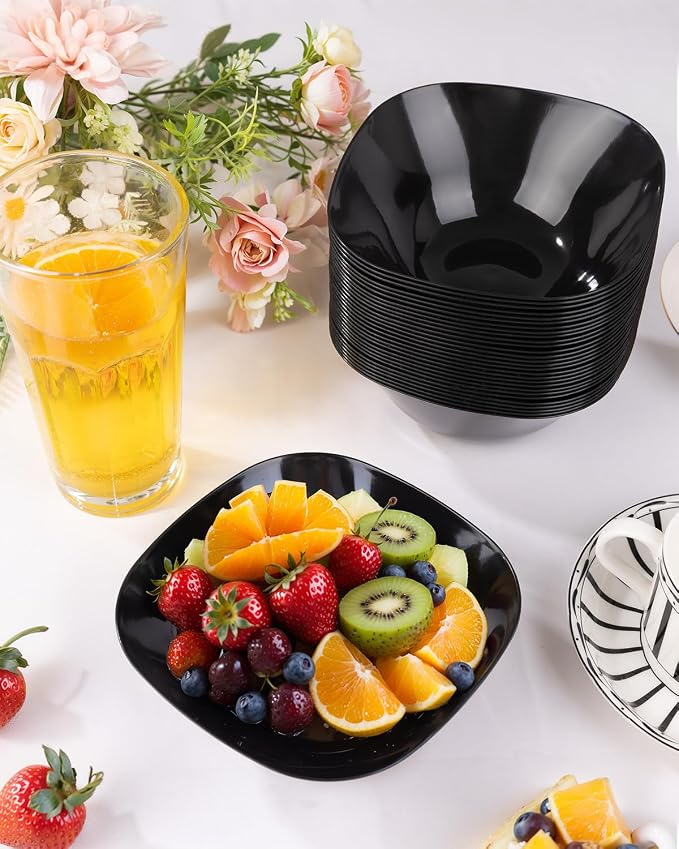 bUCLA 50 Pack Black Plastic Serving Bowls - 16oz Disposable Bowls for Dessert/Ice Cream/Salsa/Snack/Candy, Ideal for Party & Graduation