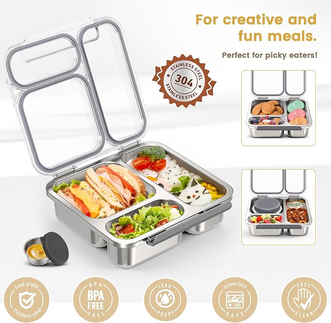 Stainless Steel Bento Box Kids Adult with 7oz Soup Thermo, Transparent Lid 3 Compartments Metal Bento Lunch Box with Insulated Food Jar,Lunch Box Container Sauce Cup for School,BPA-Free(Grey)