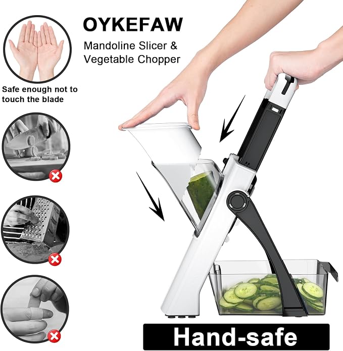Safe Mandoline Slicer for Kitchen, 6 in 1 Vegetable Chopper, Potato Slicer | Safe Mandoline Slicer, French Fry Cutter, Potato Slicer, Food Chopper, Adjustable Thickness 0.1-8 mm with Brush