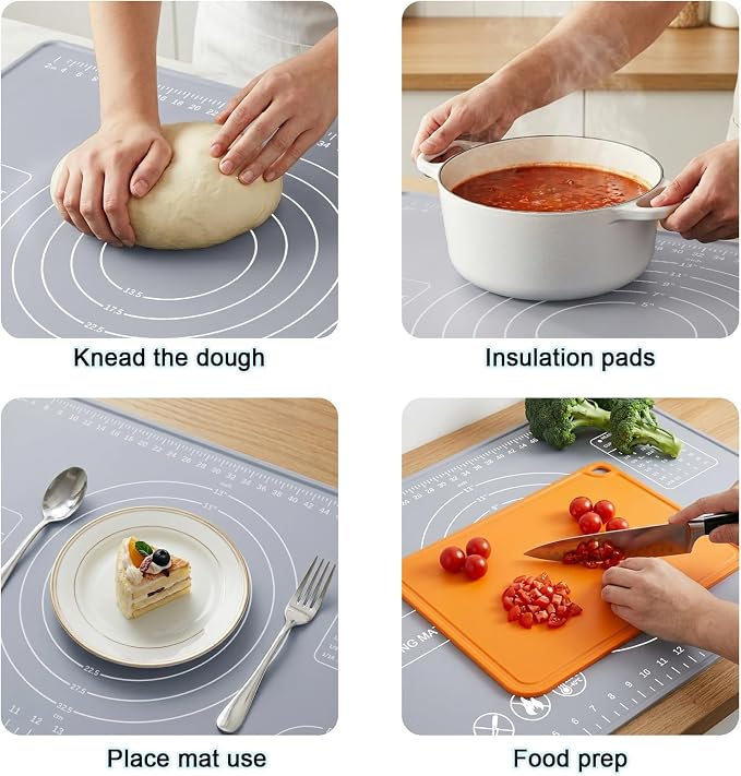 Silicone Pastry Mat 28" x 20" Extra Thick Silicone Baking Mat with Measurements and Edge Heightening Non-stick Food Grade Dough Rolling Mat Kneading Sheet for Pastry, Bread, Cookies (Light Gray)