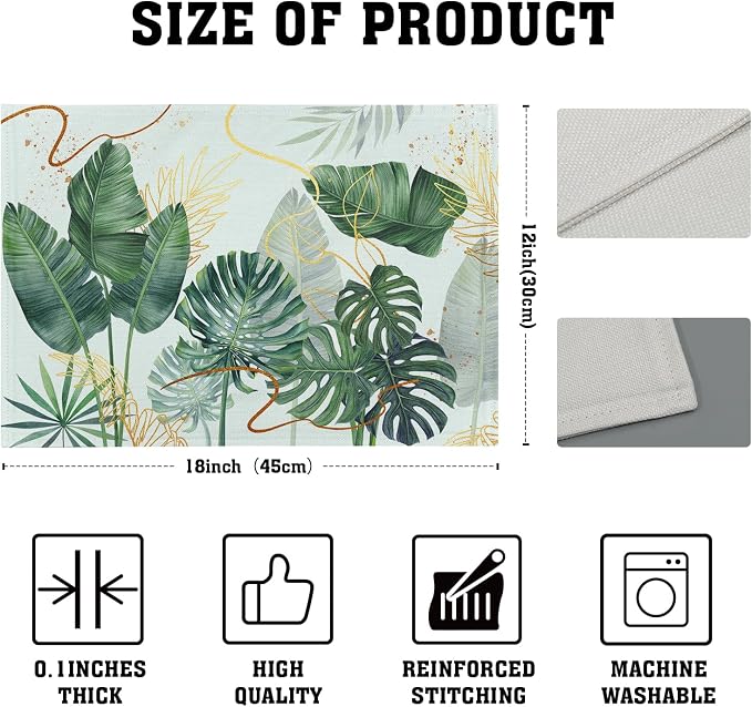 Palm Leaves Tropical Placemats Set of 4,12x18 Inch Boho Green Leaf Botanical Decor Seasonal Tablemat Non-Slip Washable Tabletop Mat for Indoor Outdoor Kitchen Dining Table