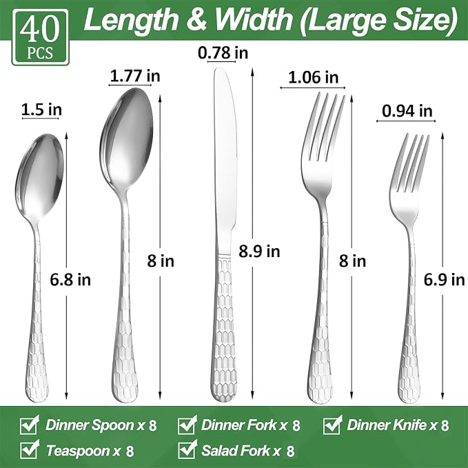 40 Pcs Silverware Set for 8, Food Grade Stainless Steel Flatware Set, Eating Utensils Sets Include Fork/Knife/Spoon, Reusable Cutlery Set for Home Kitchen, Dishwasher Safe, Round Hammered