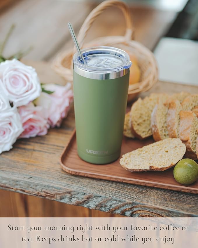 20oz Travel Coffee Tumbler with 2 Lids and Straw, Stainless Steel | Double Wall Vacuum Insulated Tumbler, Coffee Mug for Hot & Cold Drinks, Fits Most Car Cup Holders, Light