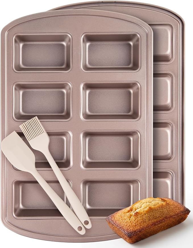 CARTMAN 2-Pack 8-Cavity Mini Loaf Pans, Carbon Steel Bread Pan Set, Gold | Includes spatula & brush, 0.6mm carbon steel, nonstick release, for banana bread, mini meatloaf, ideal for keto & meal prep