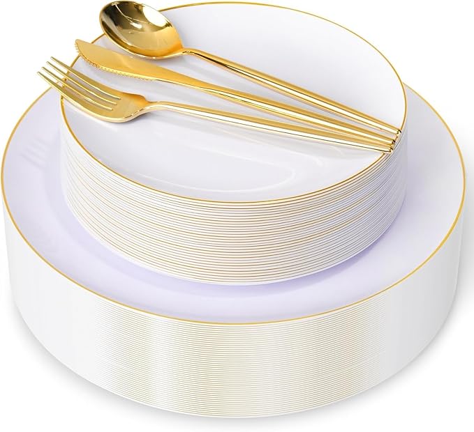 150 Gold Plastic Plates, White and Gold Disposable Plates for Party | Gold Plastic Plates ,White Plates with Gold Rim Set Include 30 Dinner Plates,30 Dessert Plates,90 Gold Cutlery for Wedding