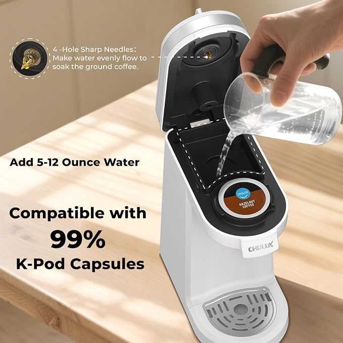 CHULUX Mini Single Serve Coffee Maker, Portable Pod Coffee Machine, White | Fast-Heating Boiler System, Single Cup Brewing, Portable Compact Design, Four-Hole Multi-Stream Needle, Adjustable Drip Tray
