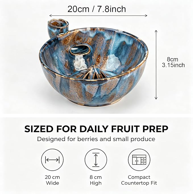 Self Spinning Ceramic Berry Washing Bowl with Drain Holes, 7'' Kitchen Fruit Washer Spinner Bowl with 10pcs Sponges (A-Blue)