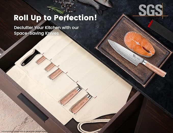 14pcs Chef Knife Set with Roll Bag, Professional Stainless Steel Japanese Knife Set with Pakkawood Handle for Professional Chef, Camping, Travel, BBQ, RV or Gift Beige