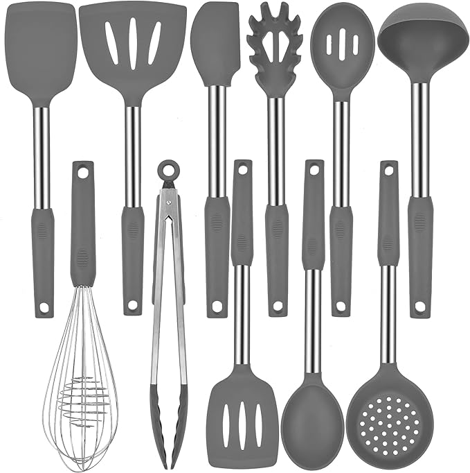 Silicone Kitchen Cooking Utensils Set with Stainless Steel Handle, Spatula Set Utensil Set, Cooking Utensil Set,Kitchen Tools Gadgets for Nonstick Cookware (11, Gray)