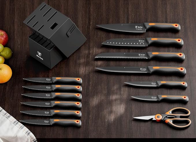Knife Block Set, 15 PCS Dishwasher Safe Kitchen Knife Set, Non-slip | Razor-Sharp knives set with sharpener, High Carbon Stainless Steel, Ergonomic Handle, Elegant Box for Her Him Women
