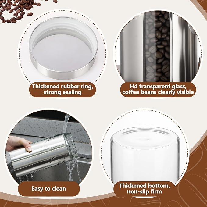Stainless Steel Coffee Grounds Canisters Container with Shelf | 3 x 50oz, Sugar Coffee Bean Storage Container Set, Airtight Threaded Lid, Glass Window, Scoop, Kitchen Jar for Coffee Bar