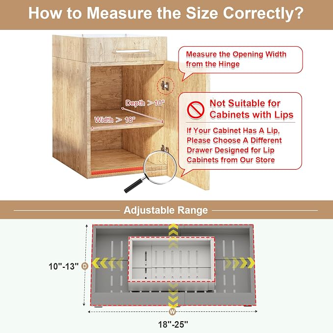 Fokyfok Pull out Cabinet Organizer,18"-25"W,10"-13"D,Expandable,Adhesive | No Drill,Upper Cabinet,Adjustable Slide out Drawers for Pantry,Roll out Shelves Short,Framless Cabinets,Kitchen,White,1PC