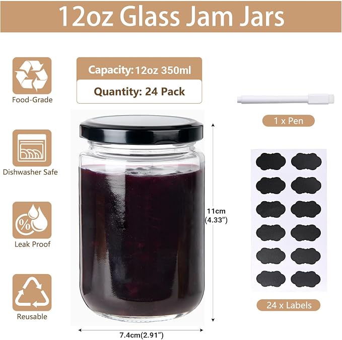 24Pack 12oz Glass Jars with Lids, 350ml Clear Candle Jars for Making Candles, Reusable & Dishwasher Safe Manson Canning Jar Bulk for Jam, Jelly, Honey, Pickles, Spice
