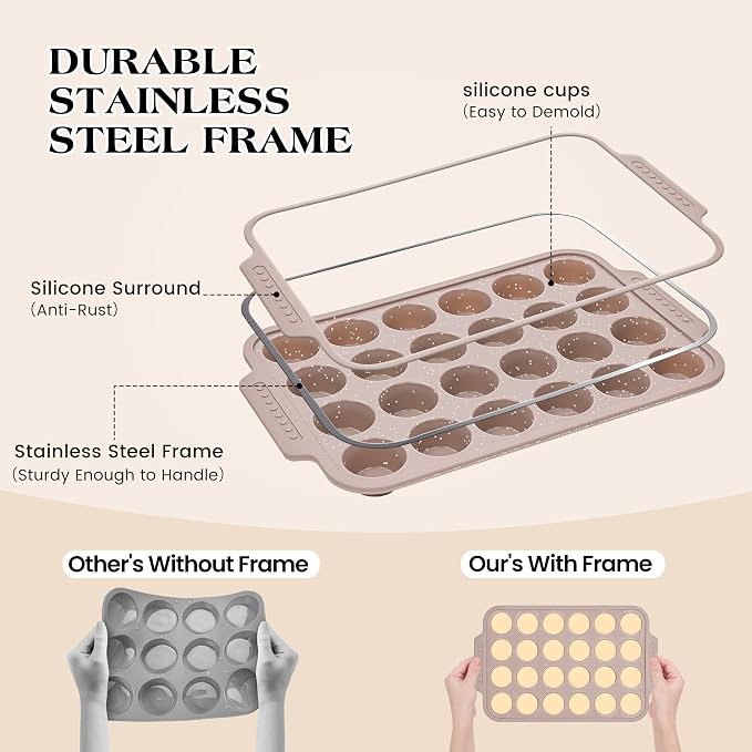 2 Pcs Silicone Muffin Pans for Baking with Metal Reinforced Frame, Nonstick Cupcake Tray for Oven, 24 Cups Mini Size Silicone Molds for Egg Bites, Dishwasher Safe (Brown, Cream)
