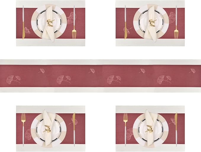 PIGCHCY Elegant Placemats with Matching Table Runner,Washable Durable Plastic Placemats for Dining Table Sets(6pcs Placemats+1pcs Table Runner, Red)