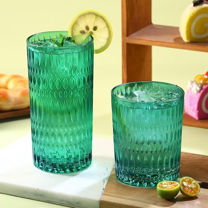 Loivttvv Glassware Drinking Glasses Set of 8, 14 oz Highball Glasses & 10 oz Ribbed Glass Cups, Vintage Glassware for Water, Juice, Cocktail, Whiskey (Dark Green)