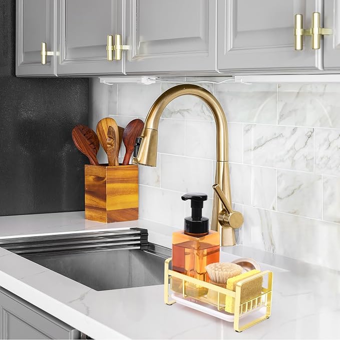 HULISEN Kitchen Sink Sponge Holder, 304 Stainless Steel Kitchen Soap Dispenser Organizer, Countertop Drainer with Removable Tray, not Including Dispenser and Brush, Gold | Removable Drain Tray, Holds Sponges Soap Bottles Brushes, Countertop Storage, No...