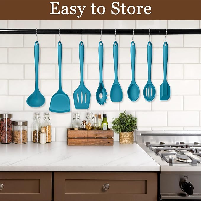 LIANYU Non-Toxic Kitchen Cooking Utensils Set, 8Pcs Blue Silicone Tools | Heat Resistant Cooking Gadgets for Nonstick Cookware, Includes Silicone Spatula, Ladle, Spoon Turner, Dishwasher Safe