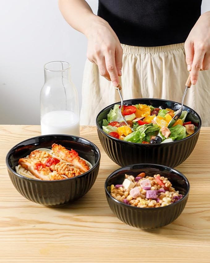 HASENSE Black Ribbed Porcelain Serving Bowls Set of 3 | 0.5/1/1.5 Qt Stackable Nesting Mixing Bowls, Large Prep Salad Pasta Fruit Bowls for Kitchen Baking Cooking Storage