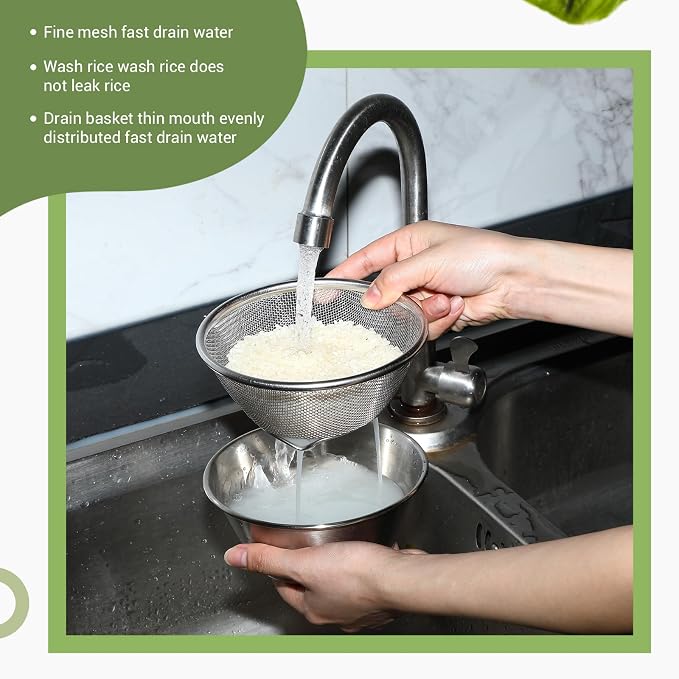 Mini Colander Food Strainer | Fine Mesh Colander with Bowl, 304 Stainless Steel, Strainer for Washing Fruits Vegetables Rice, Kitchen Cooking Prep