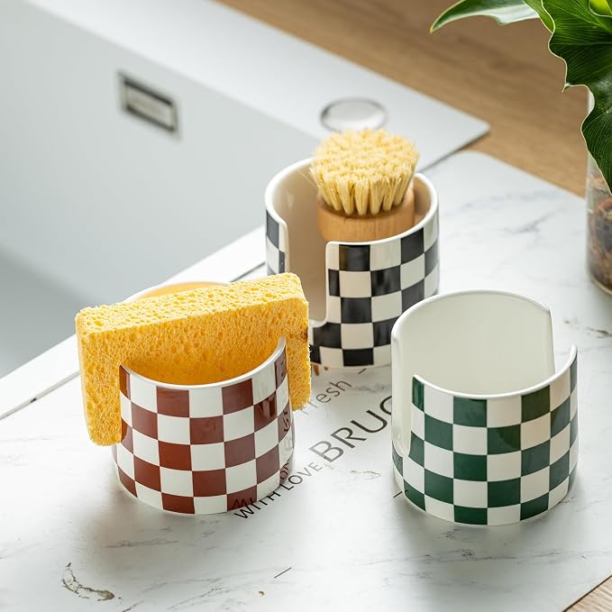 Zoeeker Sponge Holder for Sink, Ceramic Dish Sponge Holder Brush Holder | Scrubby Caddy Dish Brush Drying Rack Cute Kitchen Gadgets Farmhouse Kitchen Storage Accessories for Bathroom, Green and White