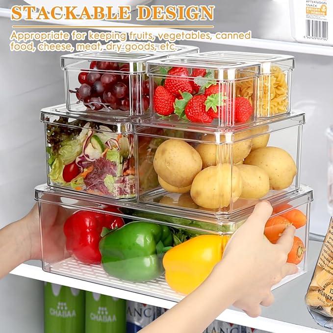 14Pack Fridge Organizer, Stackable Refrigerator Organizer Bins with Lids | BPA-Free Clear Plastic Storage Containers For Kitchen Cabinets, Fridge, Drinks, Fruits, Vegetables, Cereals, Counter Storage