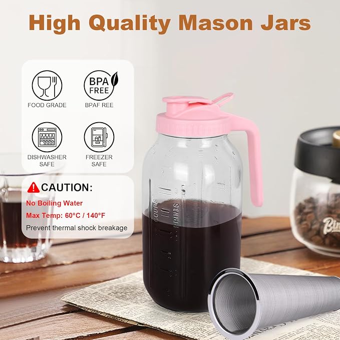 Cold Brew Coffee Maker, 64 oz Mason Jar Pitcher with Stainless Steel Filter, Pour Spout Handle Lid, Heavy Duty Glass Airtight & Leak-Proof for Iced Coffee,Tea & Lemonade